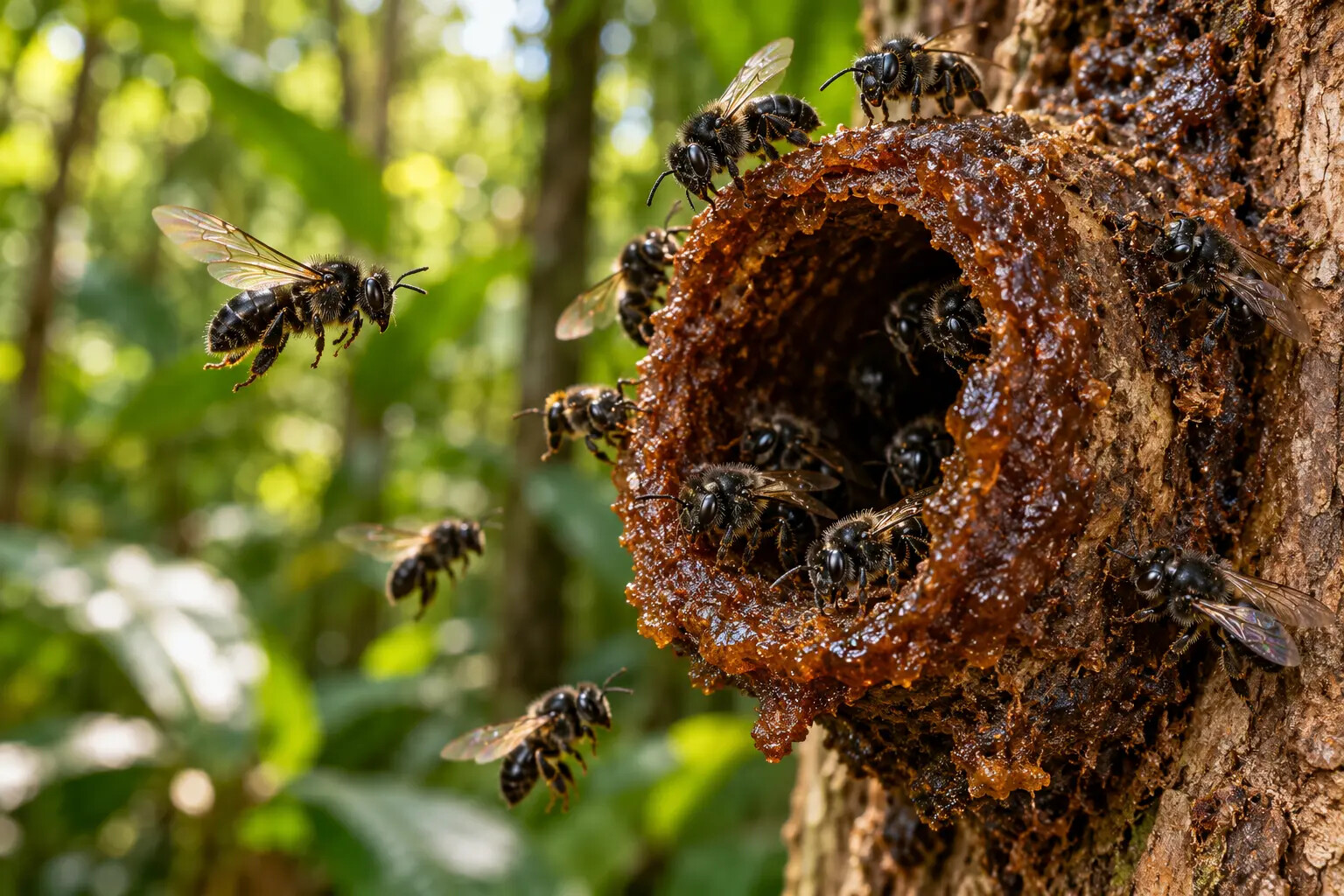 Ilustração de abelhas nativas do tipo Canudo junto à entrada tubular de um ninho