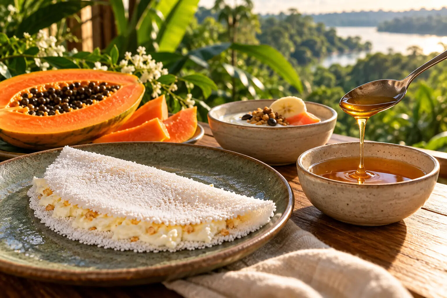 Café da manhã com tapioca, frutas, iogurte e mel; cena ilustrativa